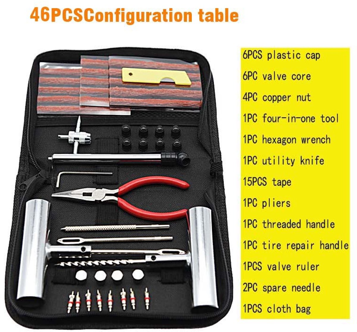 46-piece set - Rim repair kit - for motorcycle, moped or car - Tire repair kit - Complete repair kit for car and motorcycle - 20.5 x 14.5 x 4.5 cm
