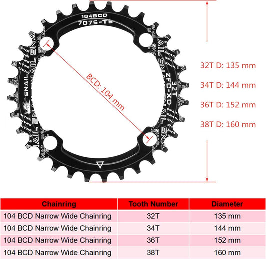 Chainring 104 BCD 32T Narrow Wide Single Chain Ring with 4 Pieces Sprocket Bolts for Road Bikes, Mountain Bikes